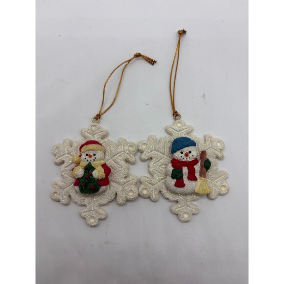 3" Glitter Snowflake Snowman Holding Christmas Ornaments Lot of 2 - Picture 1 of 5